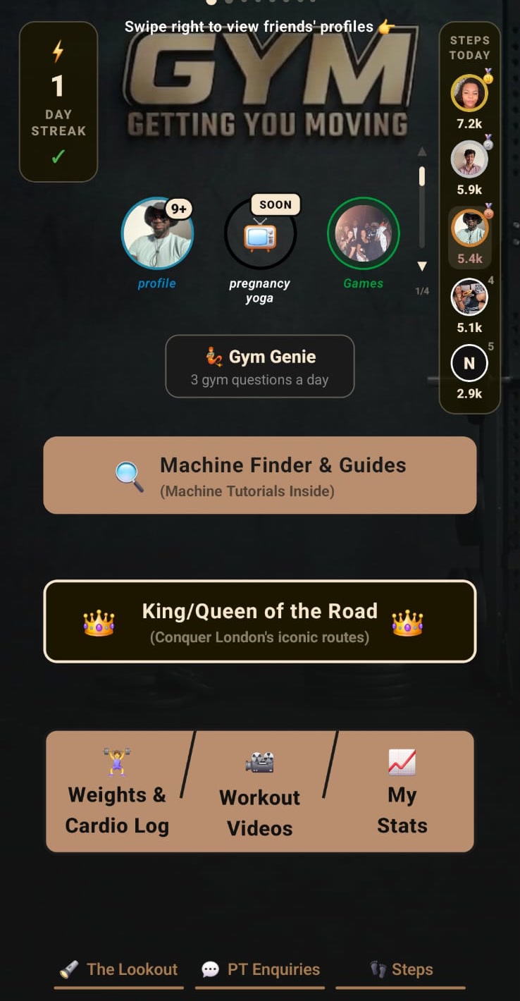 GYM home screen with logo, profile rings and feature buttons