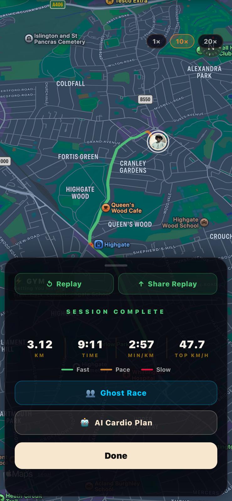 Cardio Log summary with route map, pace breakdown and stats