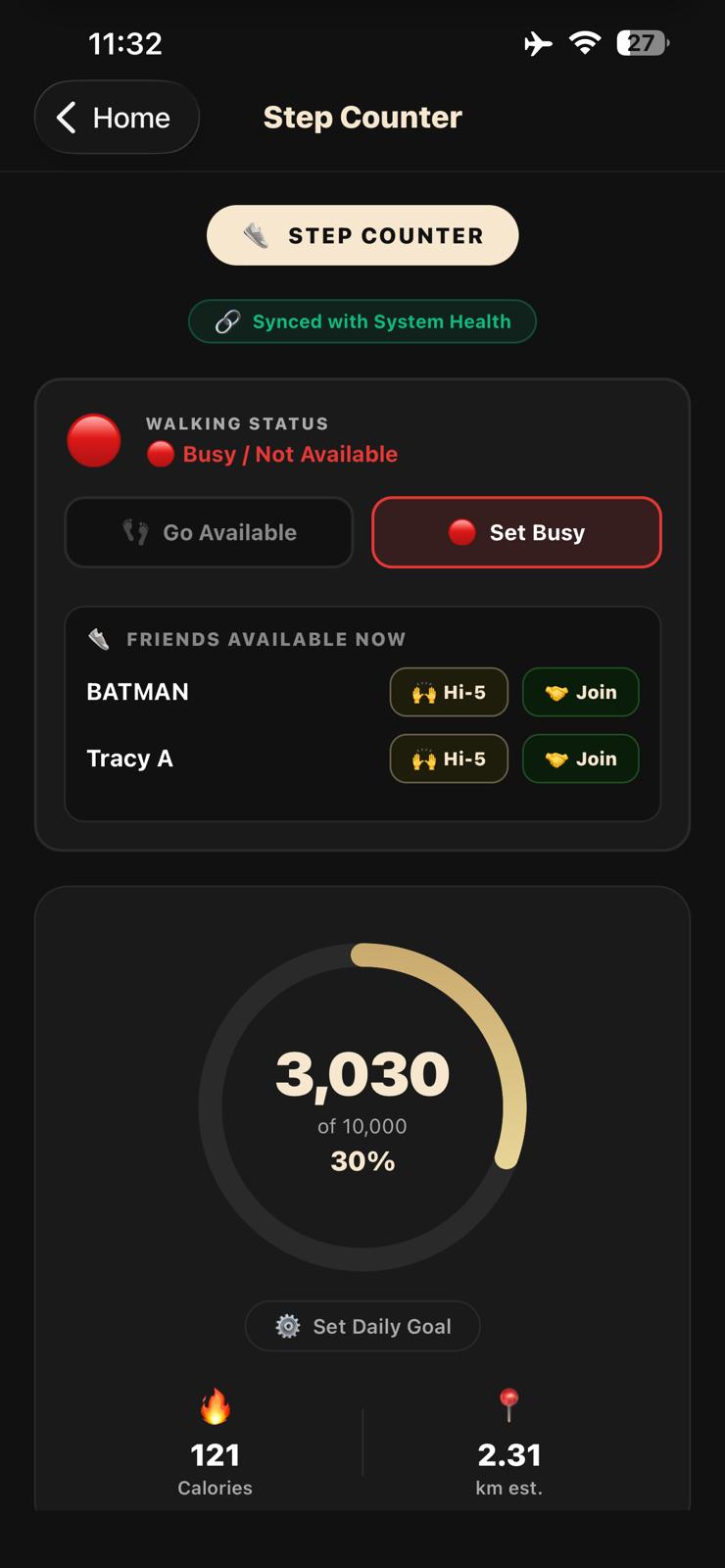 Step Counter with Friends Available Now and Walking Status