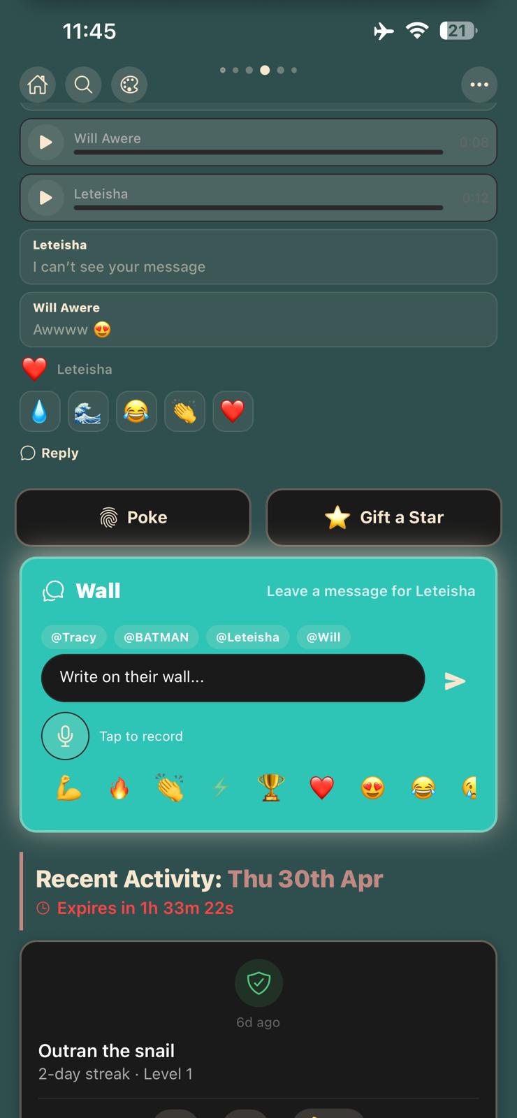 Friend Wall with voice notes, reactions, Poke and Gift a Star