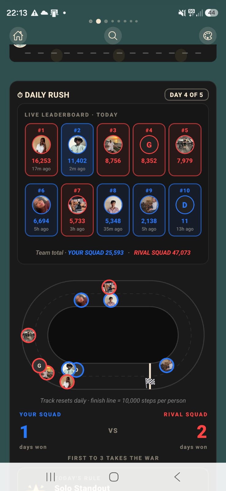 Squad War Daily Rush with live leaderboard and team track