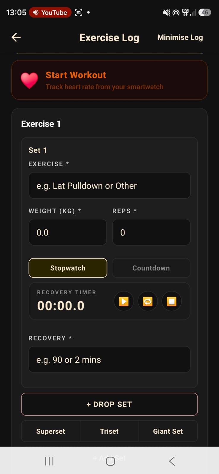 Weights Log entry with weight, reps, recovery timer and superset/triset/giant set buttons