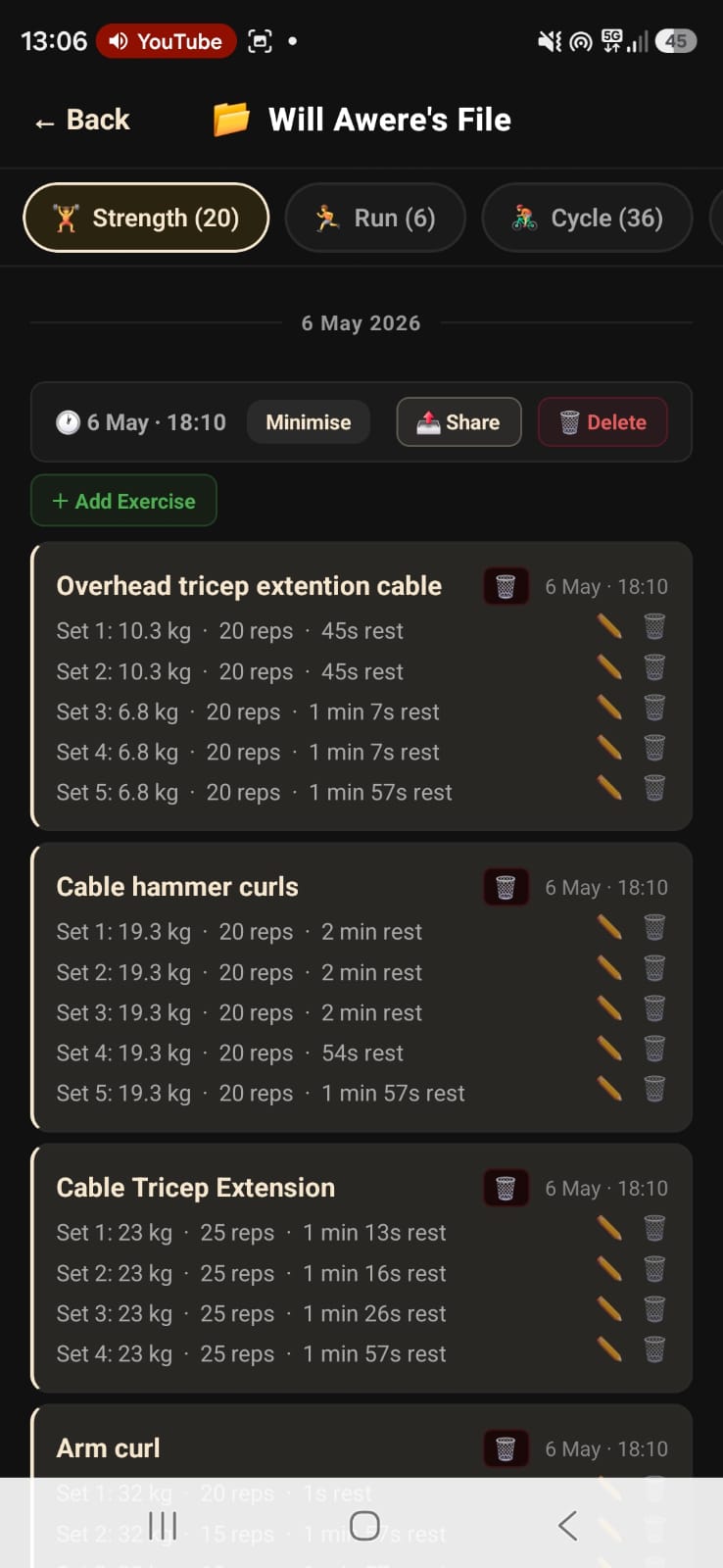 Will Awere's File showing logged exercises across Strength, Run and Cycle tabs