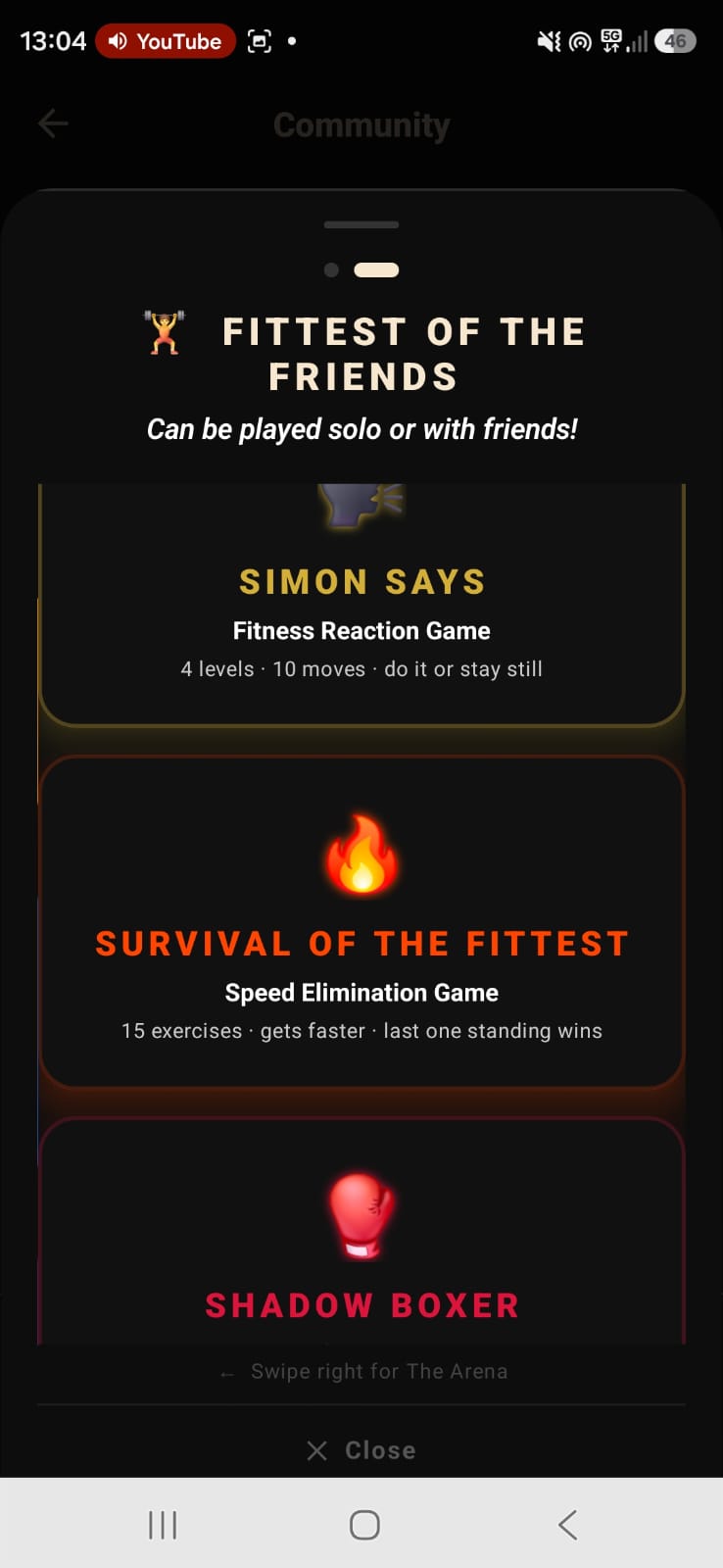 Fittest of the Friends game menu showing Simon Says, Survival of the Fittest and Shadow Boxer