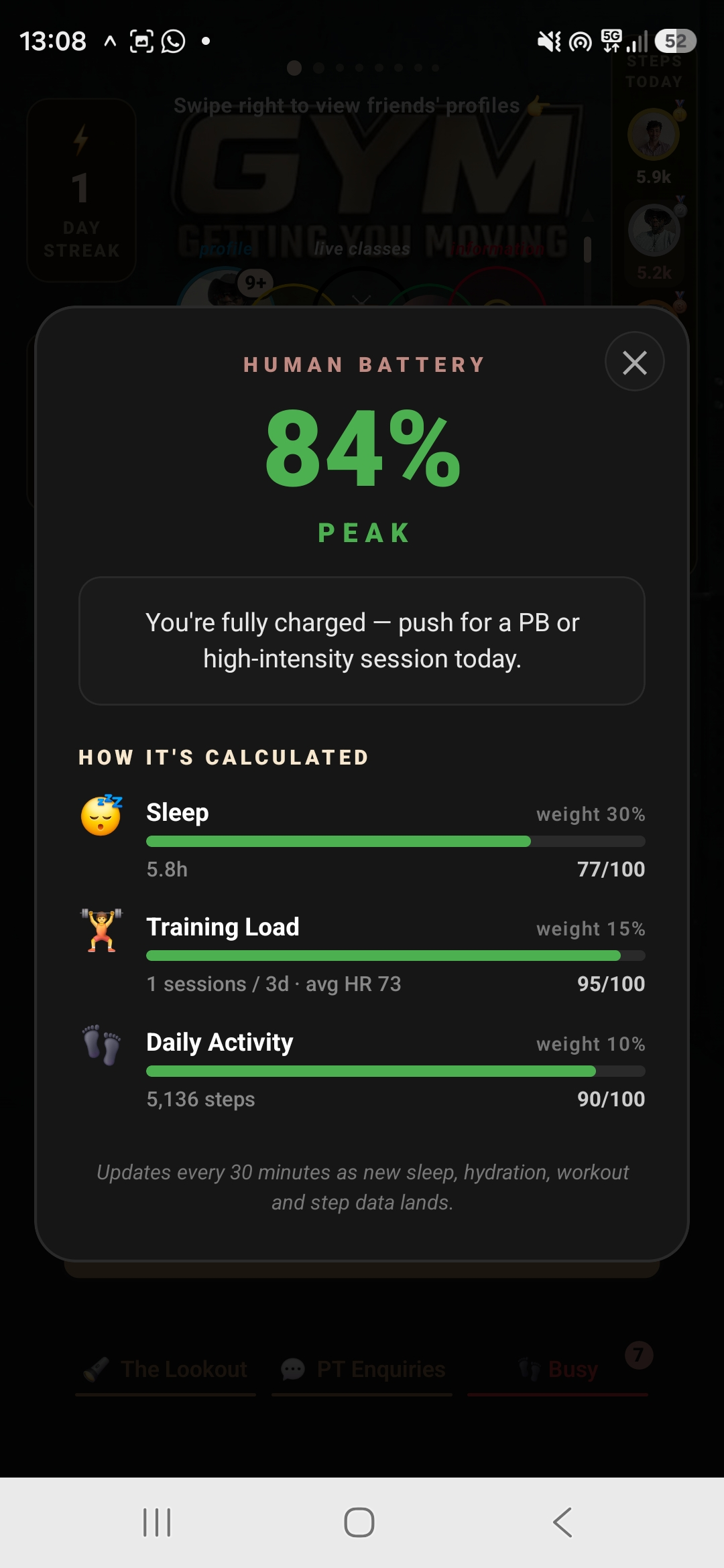 Human Battery breakdown modal showing 84% PEAK with sleep, training load and daily activity factors broken down with weights and scores.