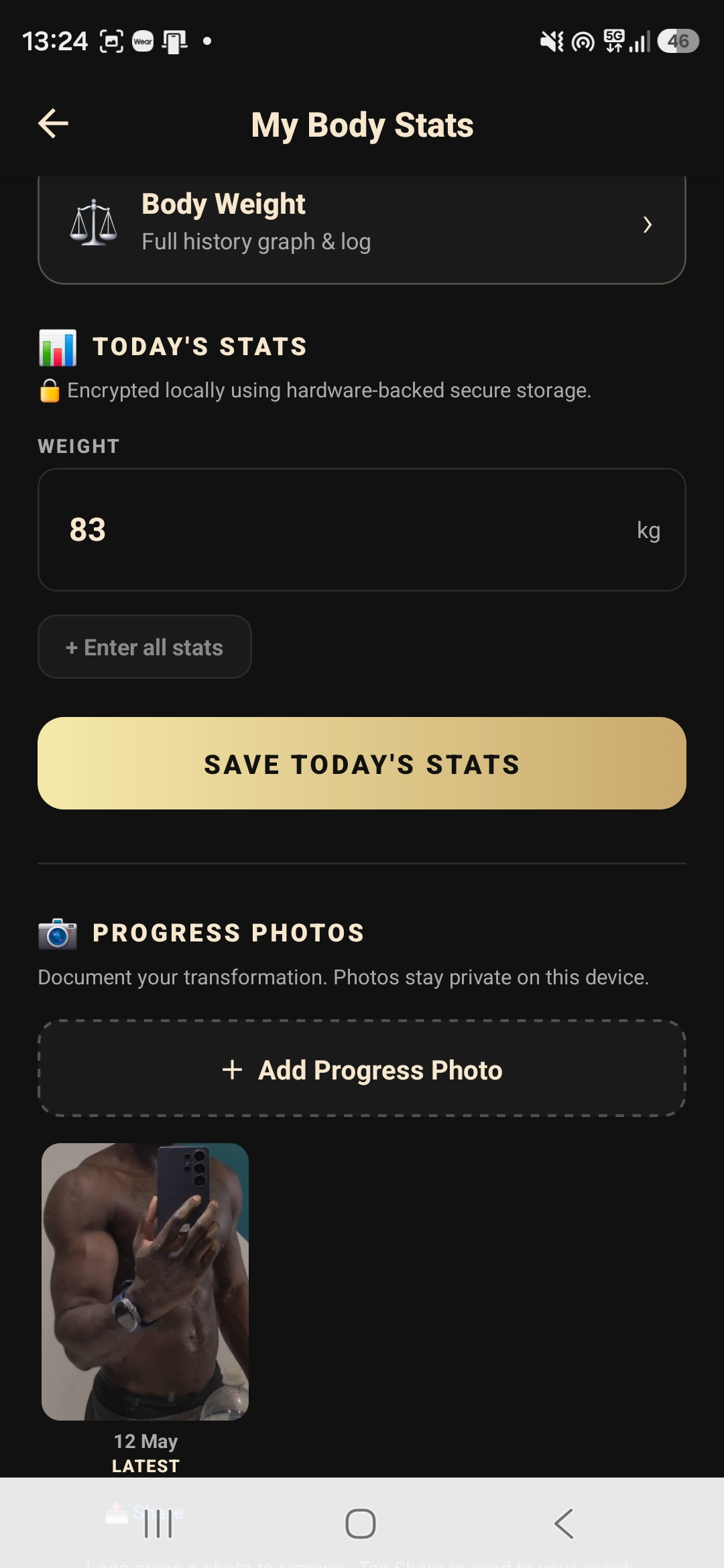 My Body Stats screen showing weight input field set to 83kg, Save Today's Stats button, and Progress Photos section with the latest progress photo dated 12 May.