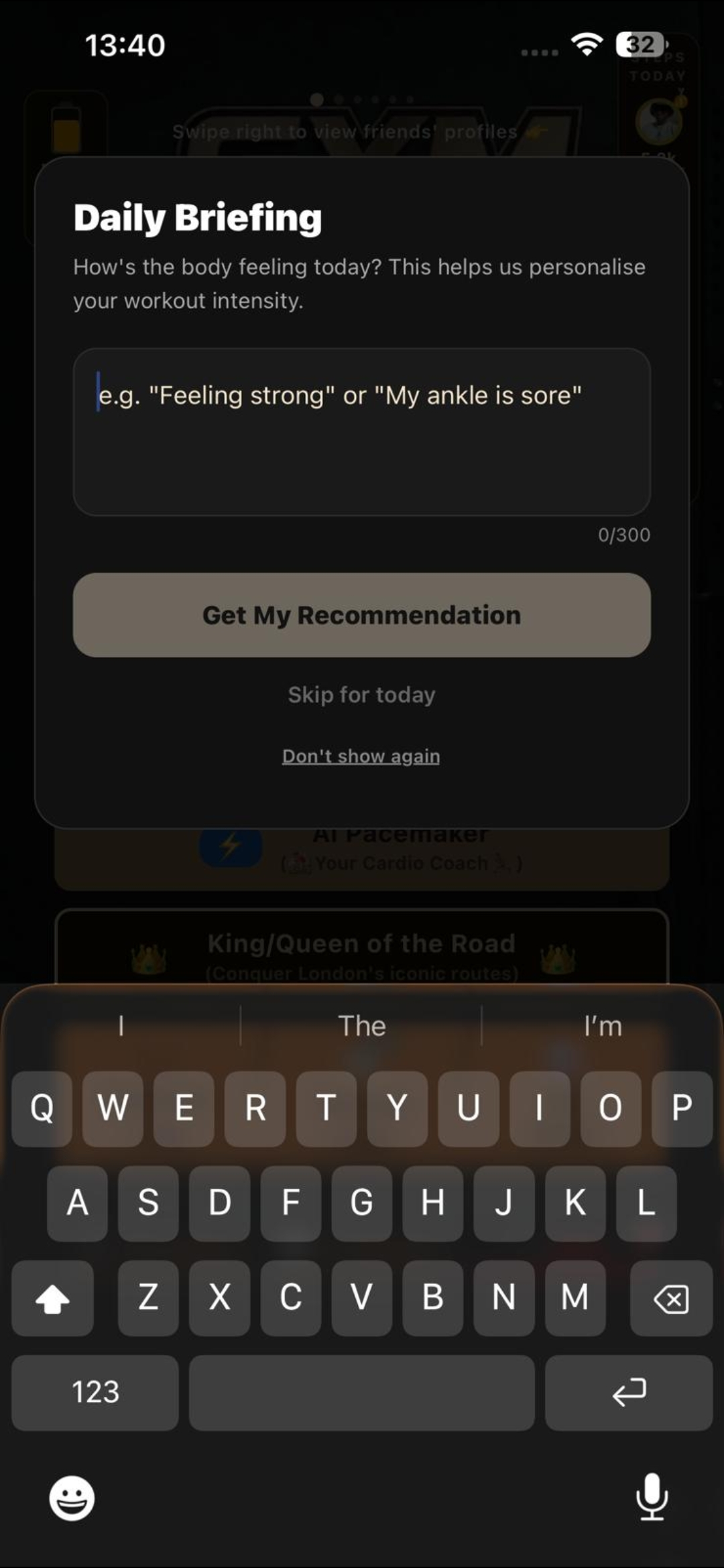 Daily Briefing popup asking 'How's the body feeling today?' with a text input and a Get My Recommendation button.