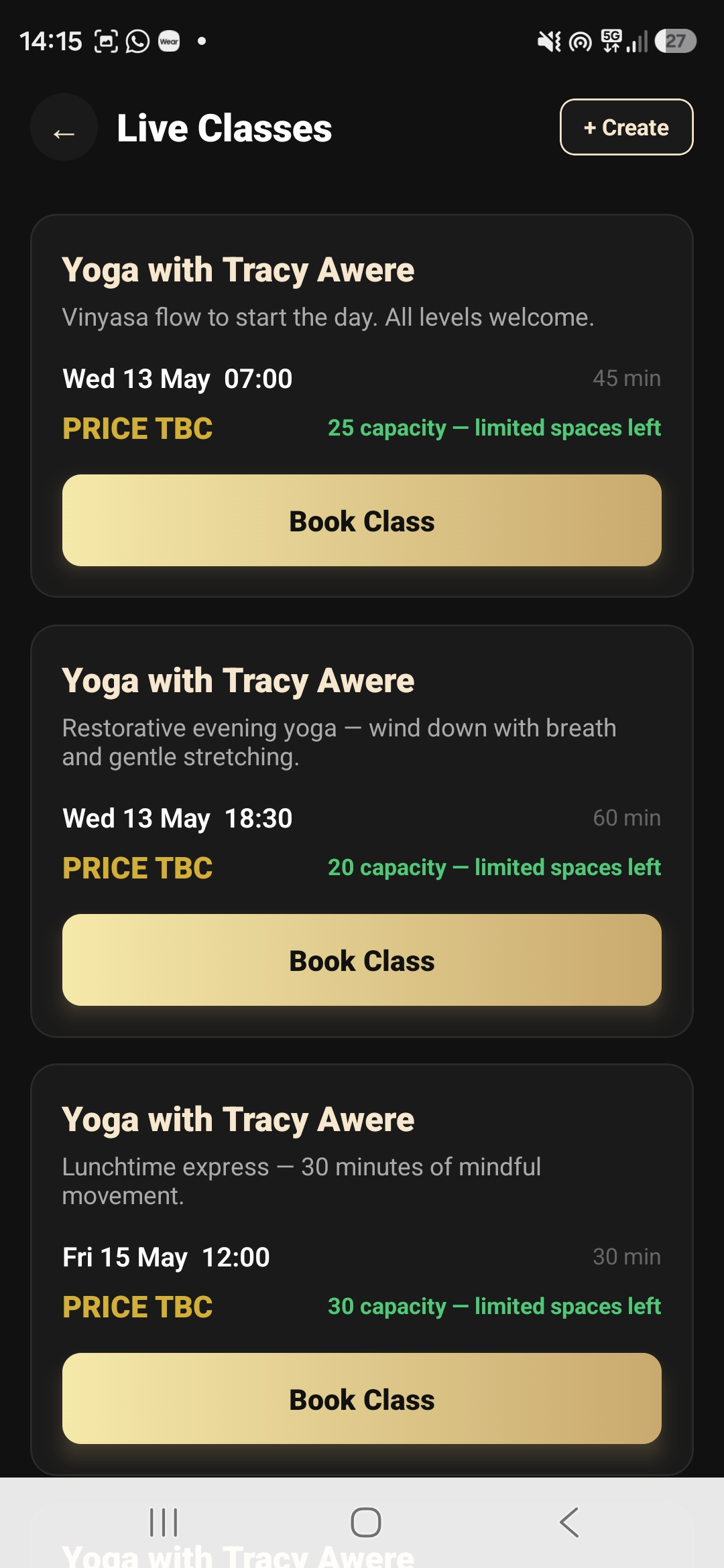 Live Classes screen showing scheduled yoga sessions with date, time, duration and Book Class button.