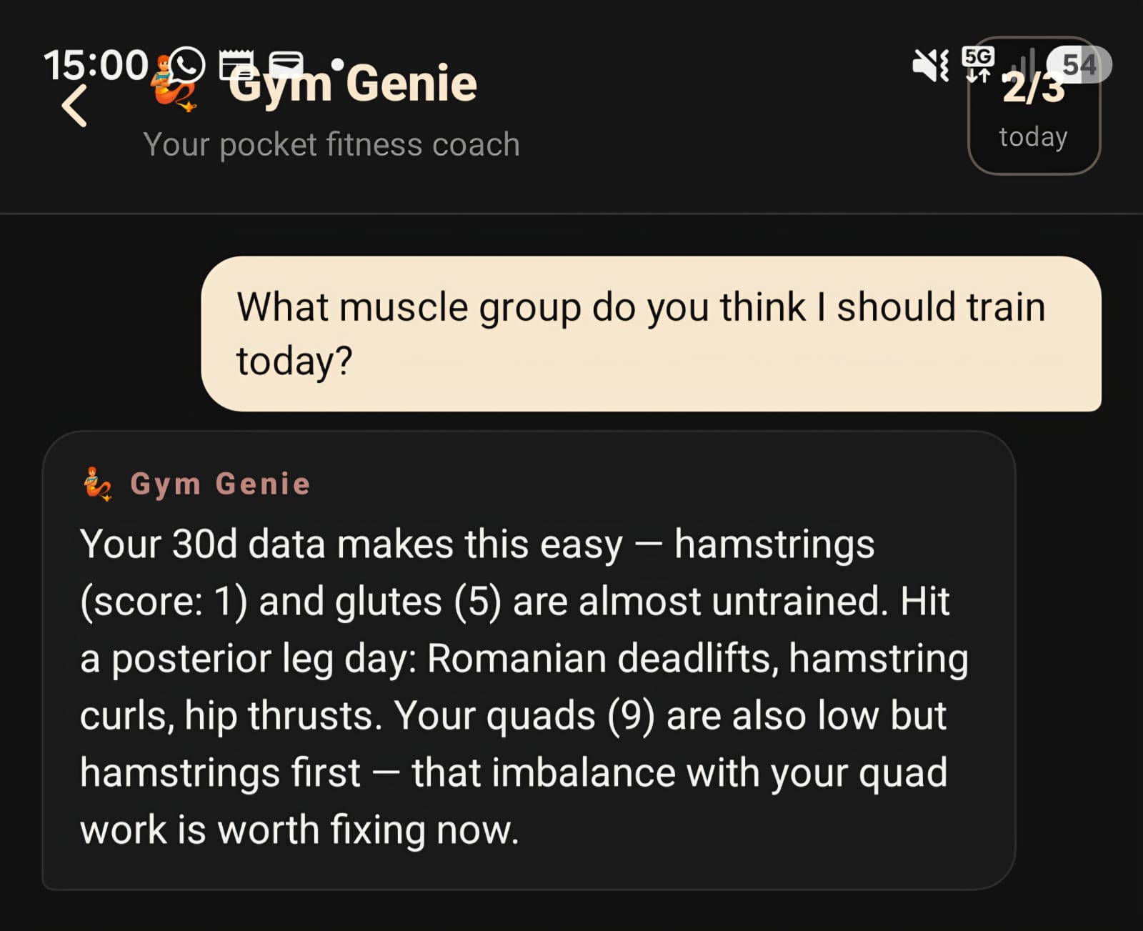 Gym Genie chat: user asks 'What muscle group do you think I should train today?' Gym Genie replies 'Your 30d data makes this easy, hamstrings (score: 1) and glutes (5) are almost untrained. Hit a posterior leg day: Romanian deadlifts, hamstring curls, hip thrusts.'