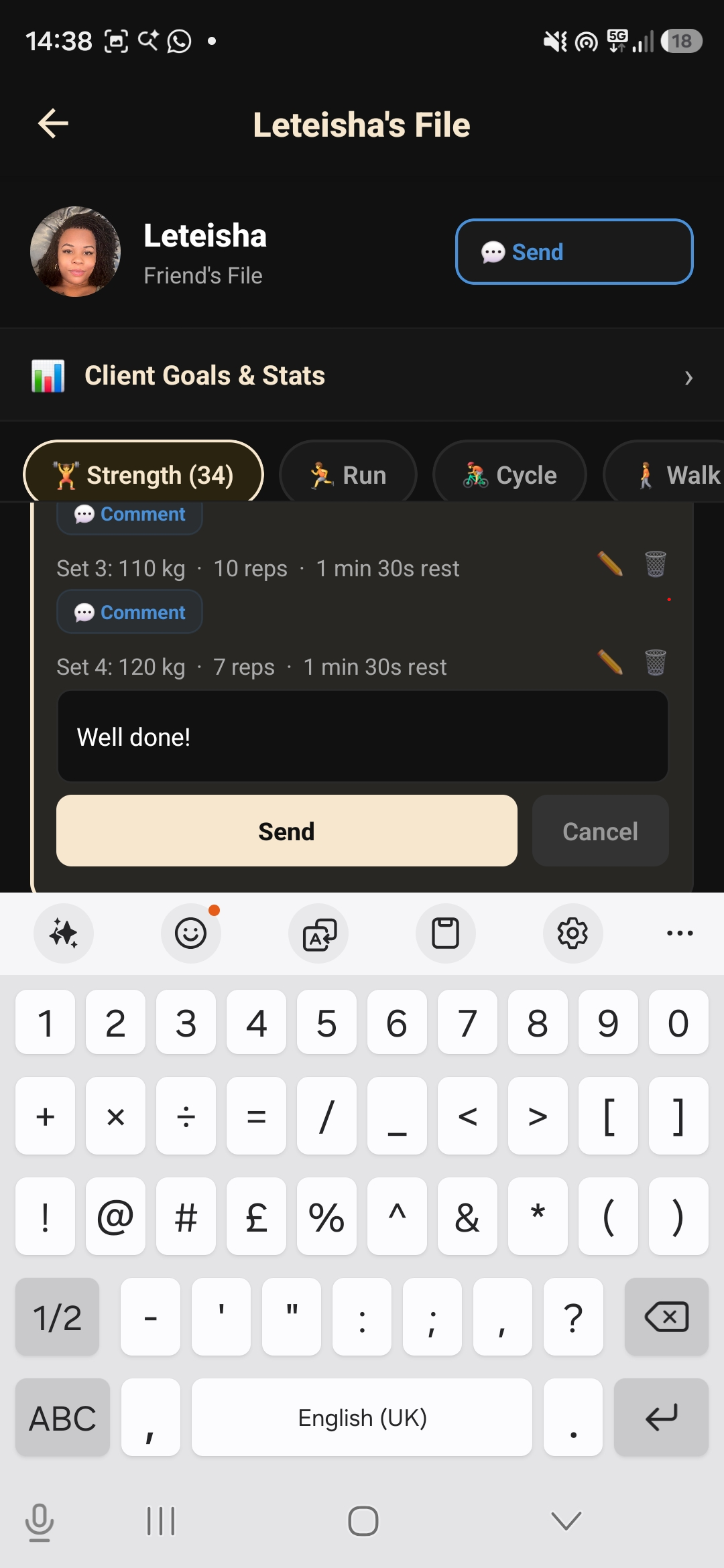 Leteisha's File showing shared workout log with sets, weights, reps and rest times, plus a Comment field for leaving feedback.